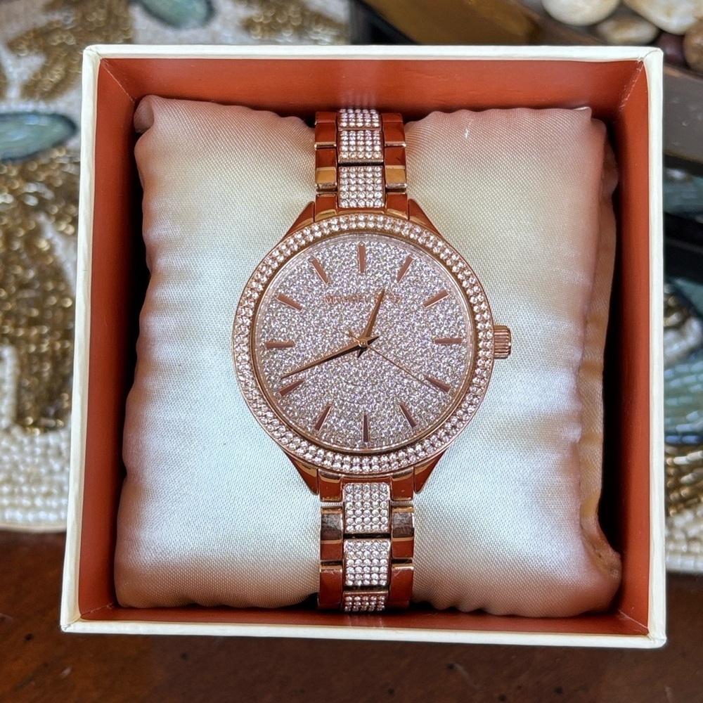 Michael Kors Pave Crystal Rose Gold Tone Watch Slim Runway Sparky Mid-Sized